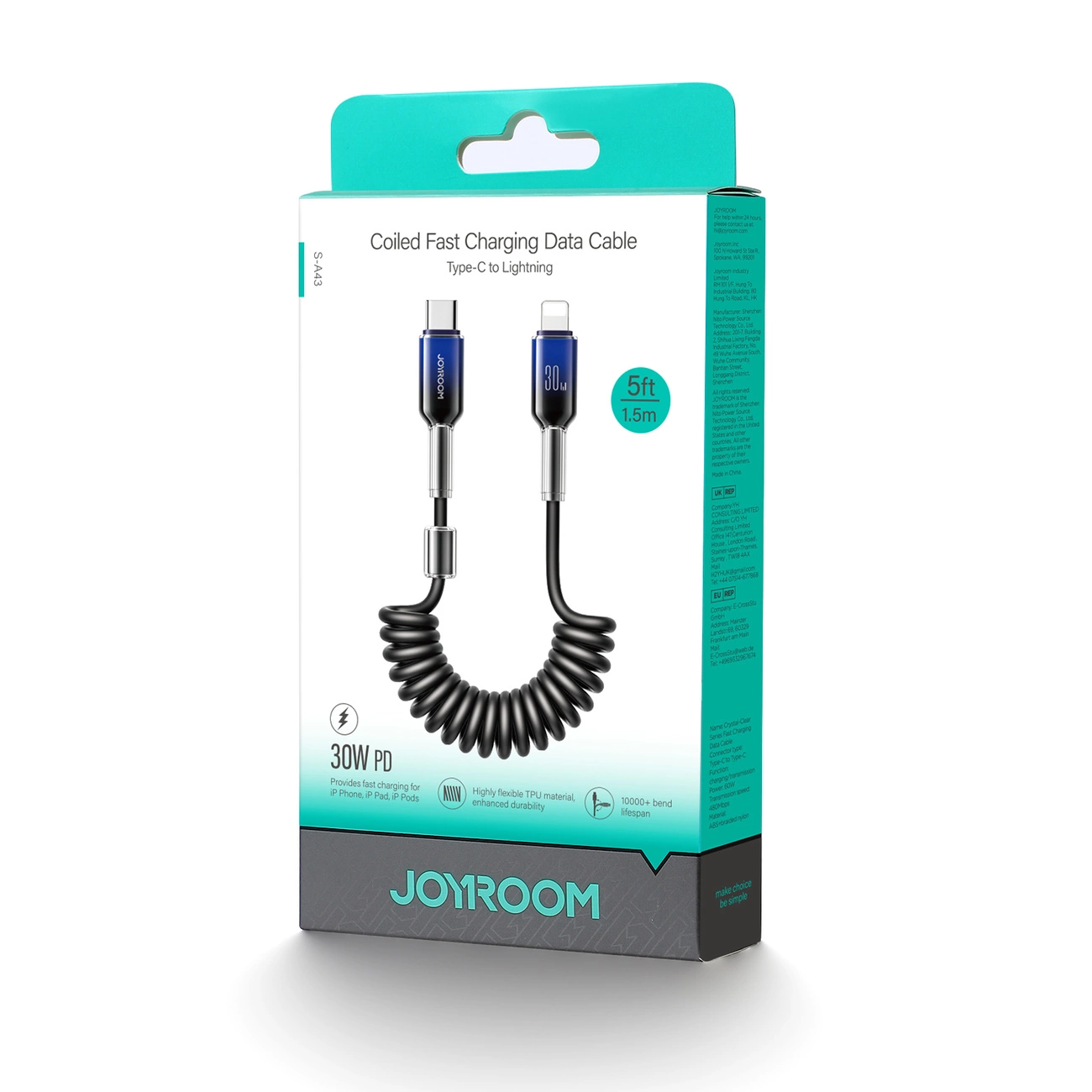 Câble de Données et de Charge USB-C - Lightning Joyroom S-A43 Crystal, 30W, 1.5m, Noir