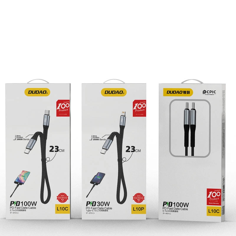 Câble de Données et de Charge USB-C - USB-C Dudao L10C, 100W, 0.23m, Noir