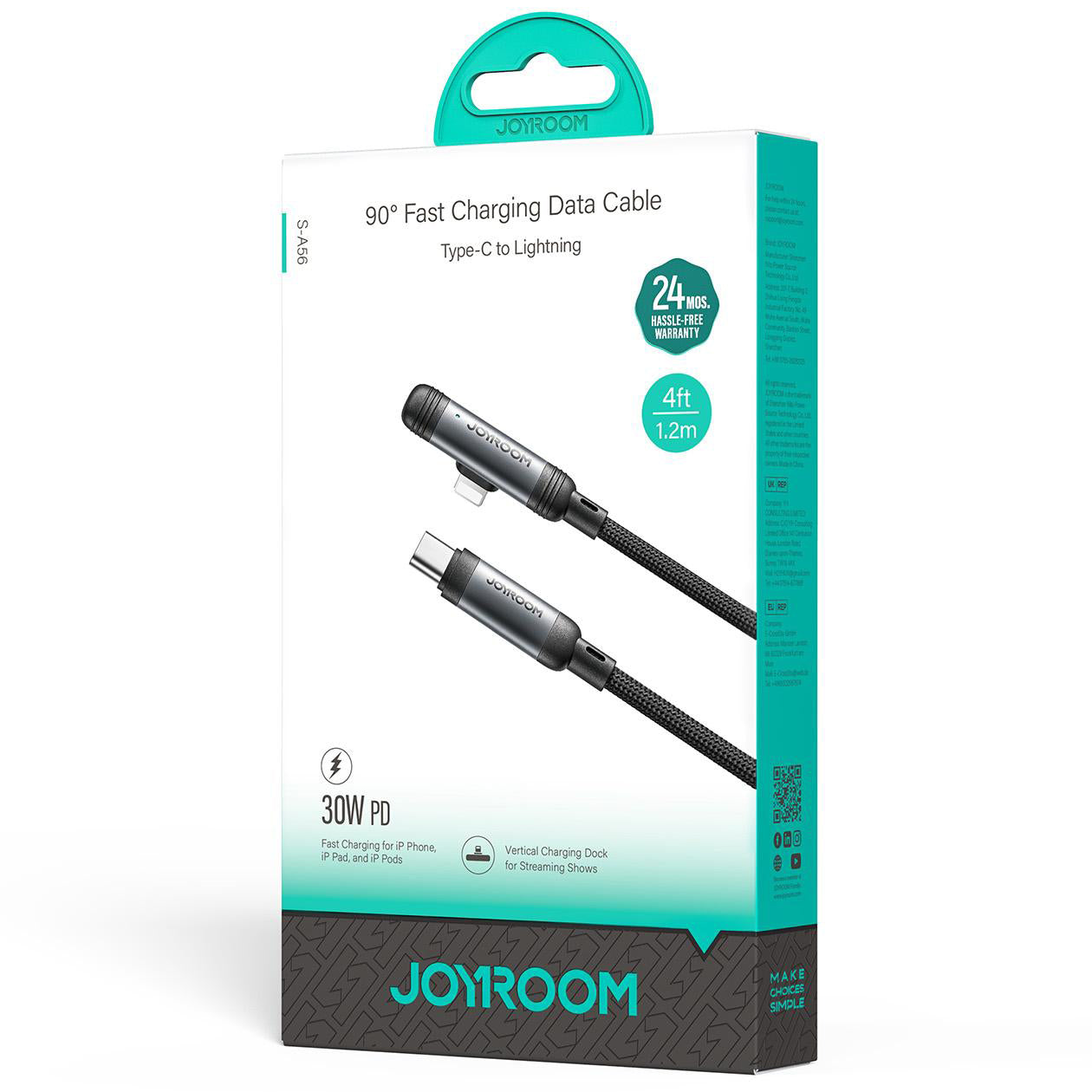 Câble de Données et de Charge USB-C - Lightning Joyroom S-A56 EnjoyX Angled, 30W, 1.2m, Noir