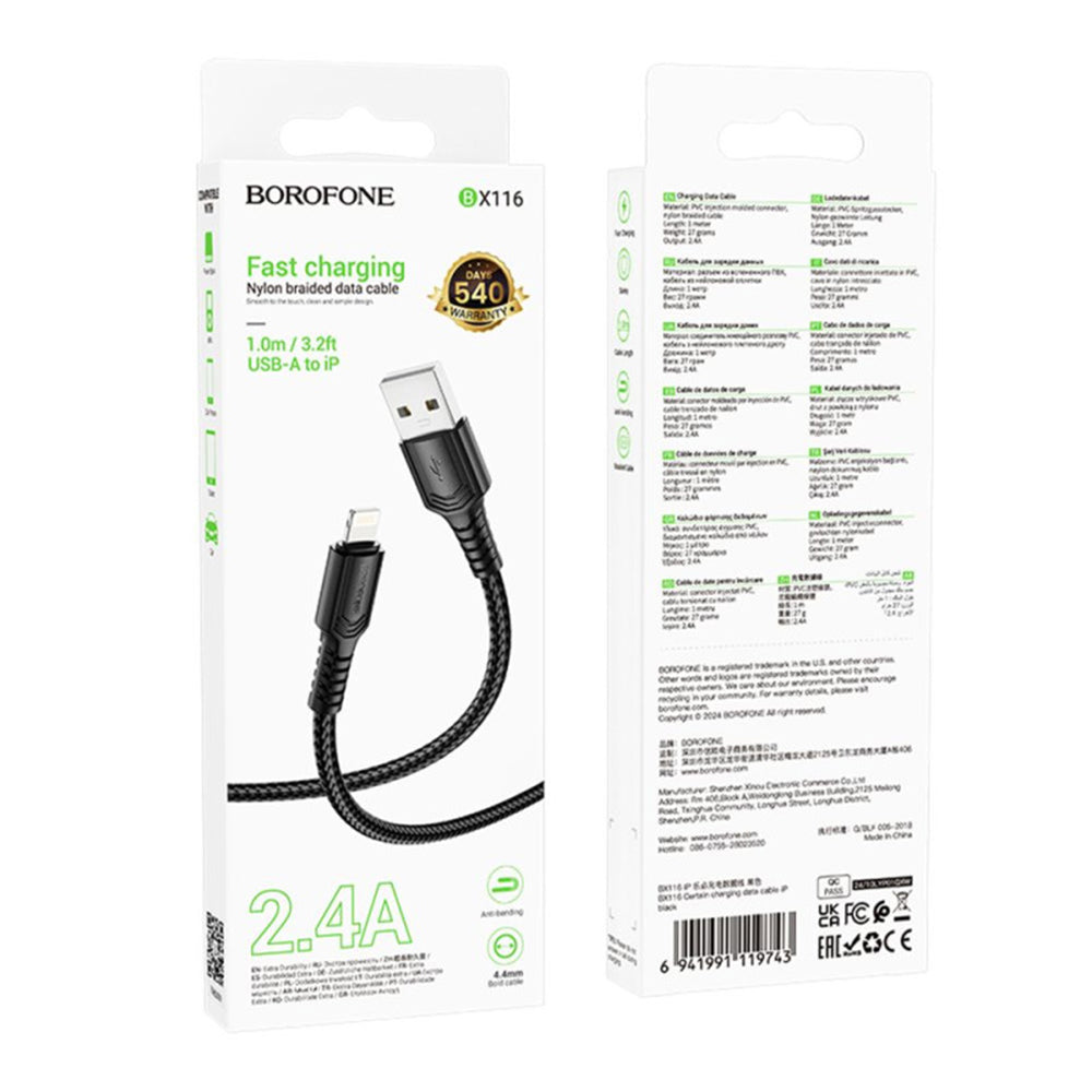 Câble de Données et de Charge USB-A - Lightning Borofone BX116 Certain, 18W, 1m, Noir