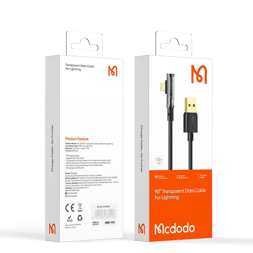 USB-A to Lightning McDodo CA-3510 Angled Data and Charging Cable, 18W, 1.2m, Black