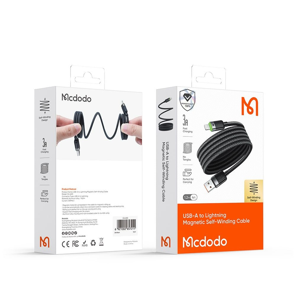 Câble de Données et de Charge USB-A - Lightning McDodo CA-6000 Self Winding, 18W, 1.2m, Noir