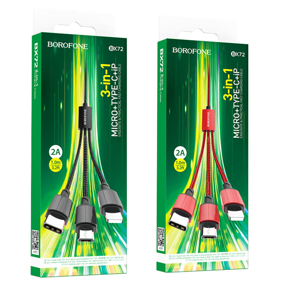 Câble de Chargement USB-A - Lightning / microUSB / USB-C Borofone BX72, 18W, 1m, Noir