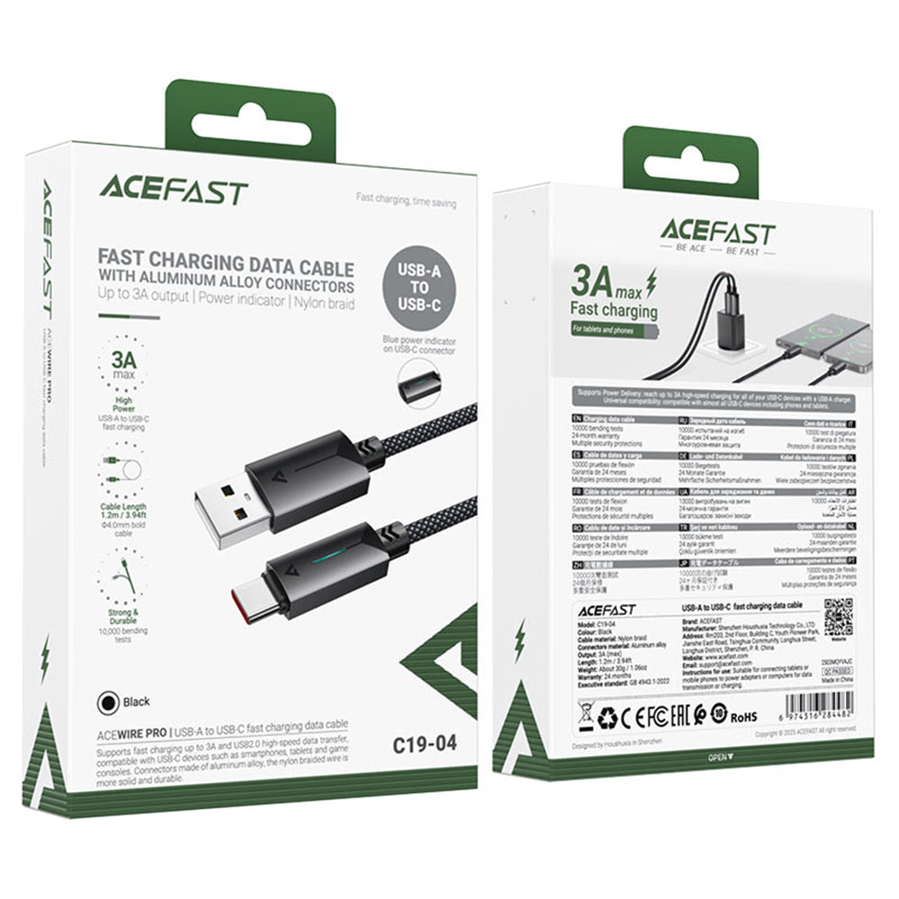 USB-A to USB-C Acefast C19-04 Data and Charging Cable, 18W, 1.2m, Black