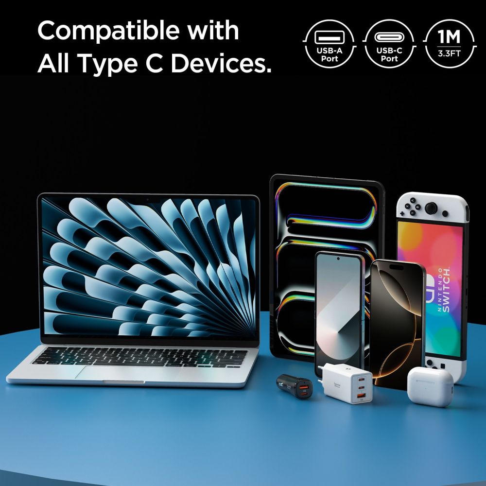 Câble de Données et de Charge USB-A - USB-C Spigen Essential, 60W, 1m, Blanc