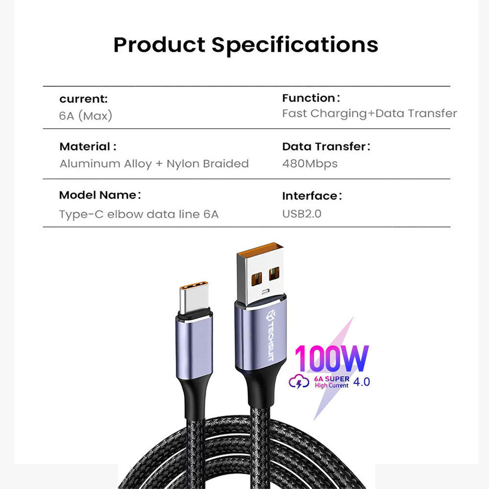 Câble de Données et de Charge USB-A - USB-C Techsuit PCB018, 100W, 1m, Noir