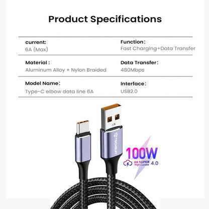 Câble de Données et de Charge USB-A - USB-C Techsuit PCB018, 100W, 1m, Noir