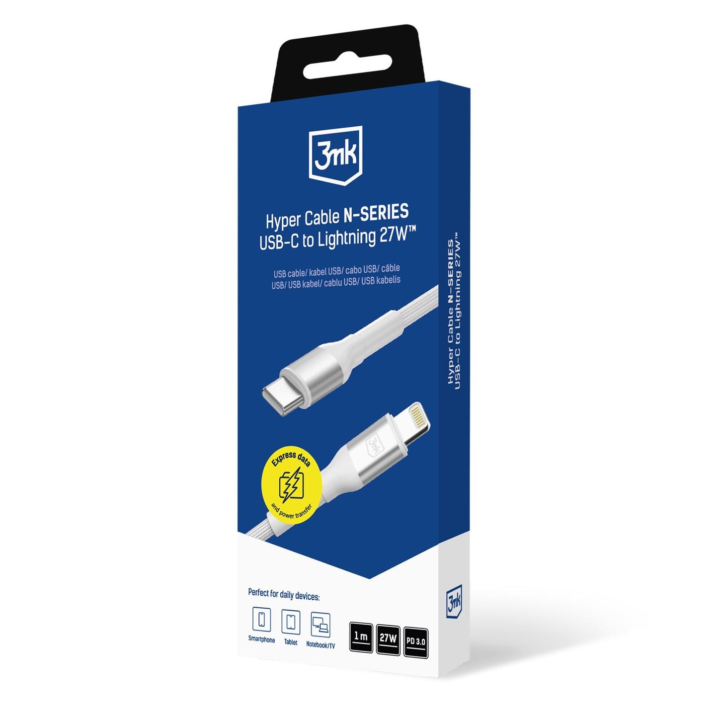 Câble de données et de charge USB-C - Lightning 3MK Hyper N, 27W, 1m, Blanc