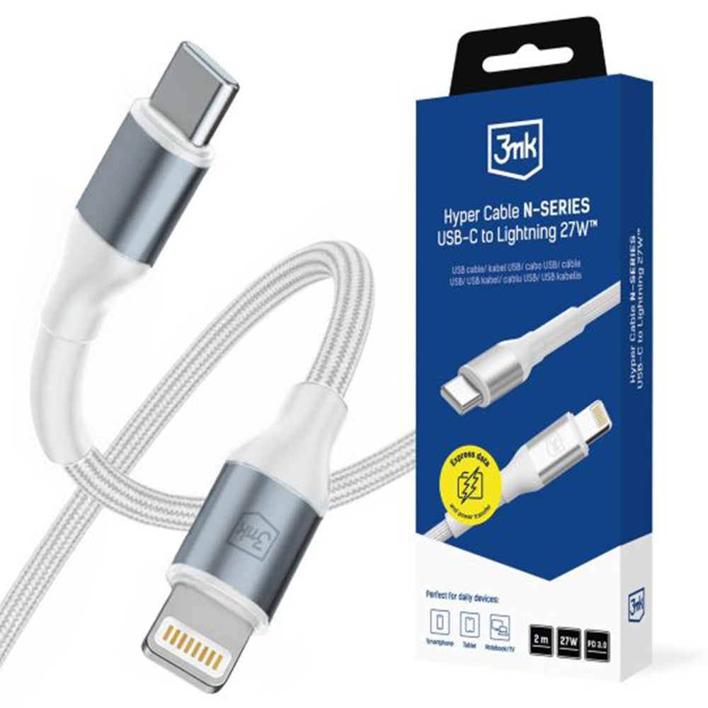 Câble de données et de charge USB-C - Lightning 3MK Hyper N, 27W, 2m, Blanc