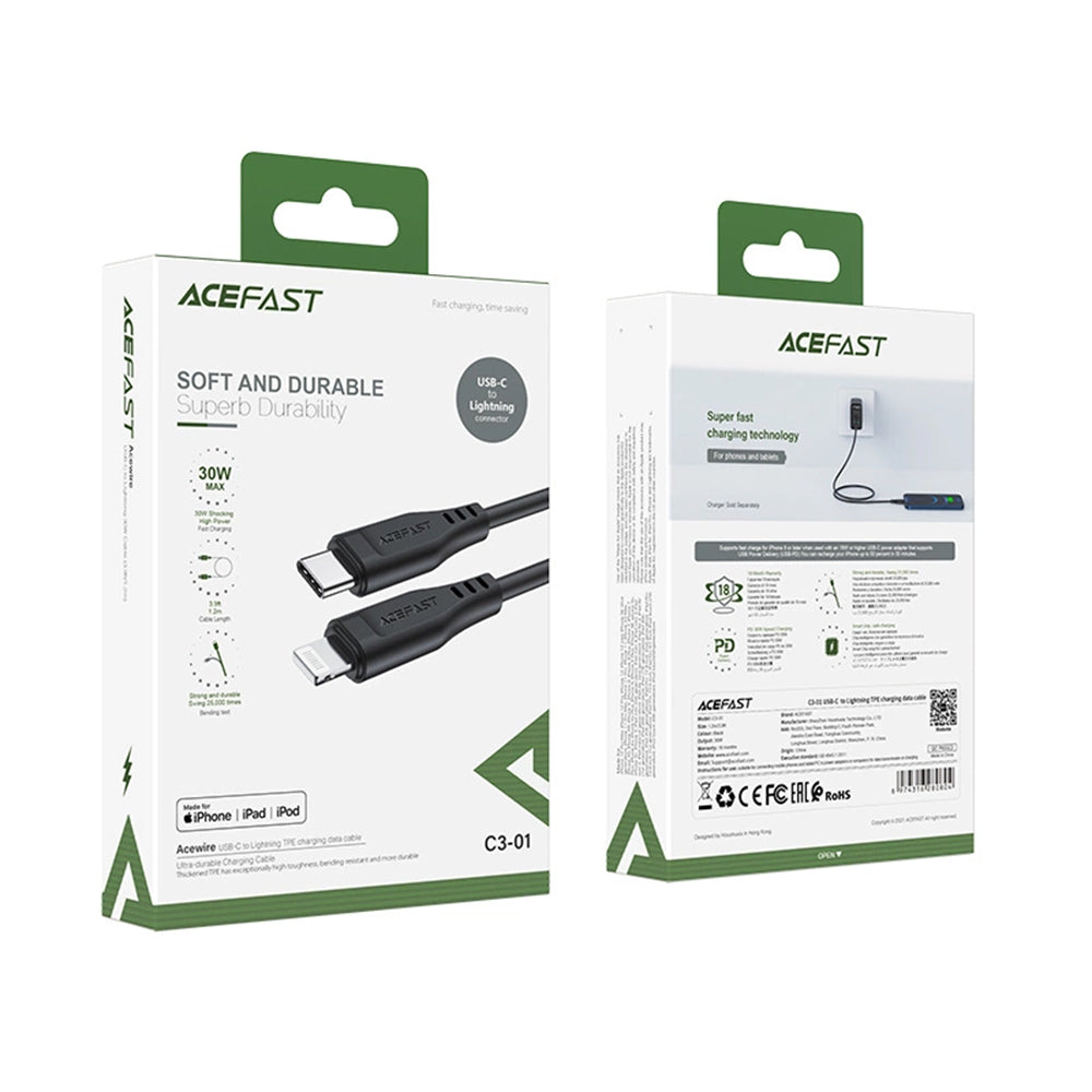 Câble de Données et de Charge USB-C - Lightning Acefast C3-01, 30W, 1.2m, Noir