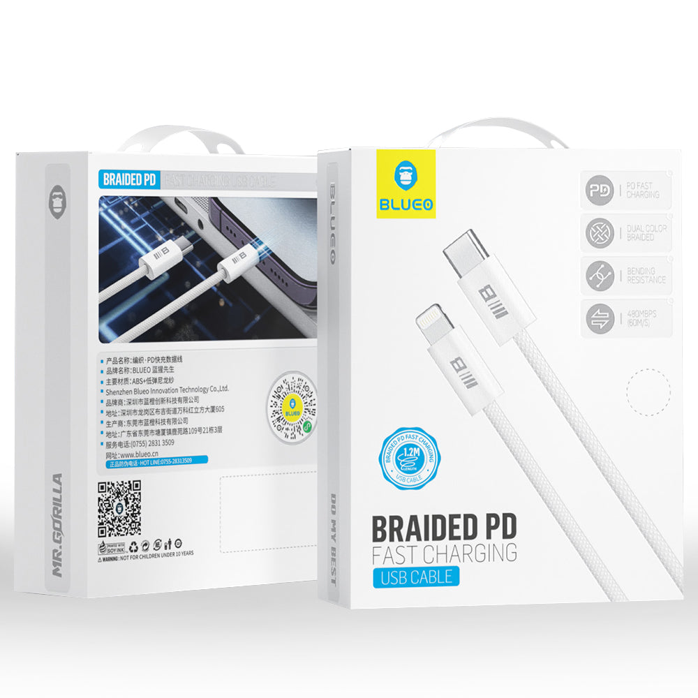 Câble de Données et de Charge USB-C - Lightning Blueo, 20W, 2m, Blanc