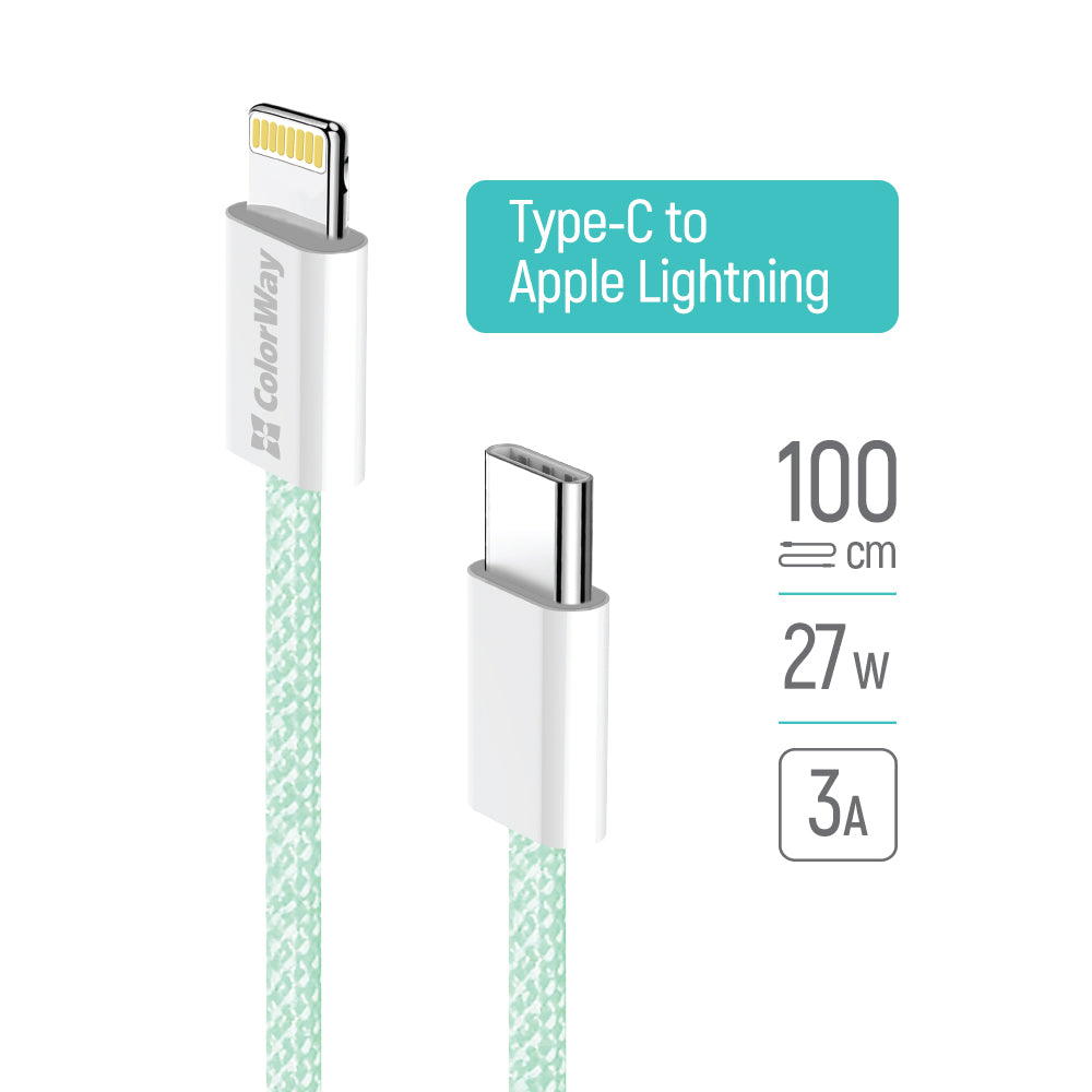 USB-C to Lightning Data and Charging Cable ColorWay CW-CBPDCL061, 27W, 1m, Green