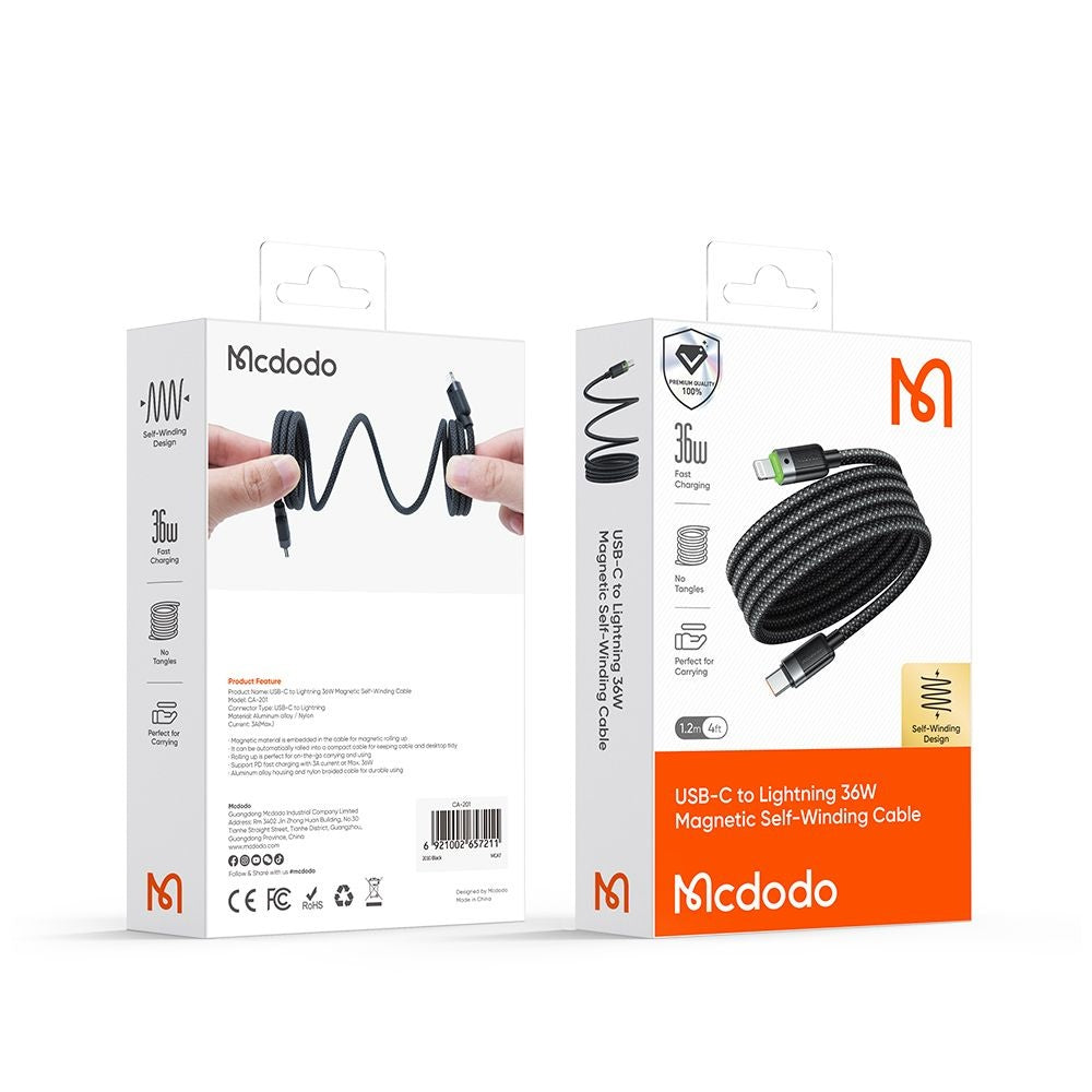 Câble de Données et de Charge USB-C - Lightning McDodo CA-2010 Auto-enroulant, 36W, 1.2m, Noir