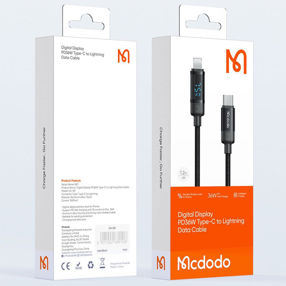 Câble de Données et de Charge USB-C - Lightning McDodo CA-5210 Bat Display, 36W, 1.2m, Noir