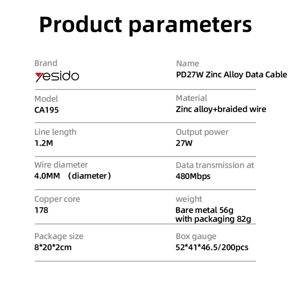Câble de Données et de Charge USB-C - Lightning Yesido CA195, 27W, 1.2m, Noir