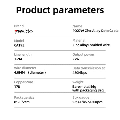Câble de Données et de Charge USB-C - Lightning Yesido CA195, 27W, 1.2m, Noir