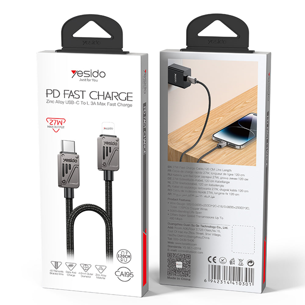Câble de Données et de Charge USB-C - Lightning Yesido CA195, 27W, 1.2m, Noir