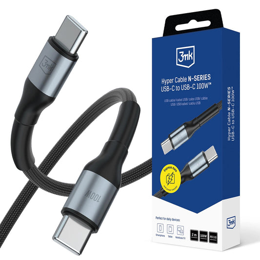 Câble de Données et de Charge USB-C - USB-C 3MK Hyper N, 100W, 2m, Noir