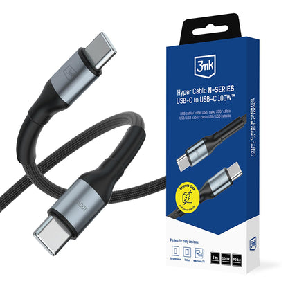 Câble de données et de charge USB-C - USB-C 3MK Hyper N, 100W, 3m, Noir