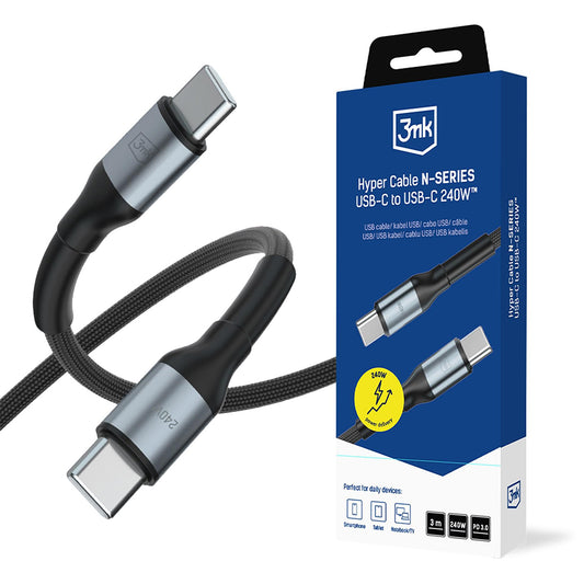 Câble de données et de charge USB-C - USB-C 3MK Hyper N Thunderbolt 4, 240W, 3m, Noir