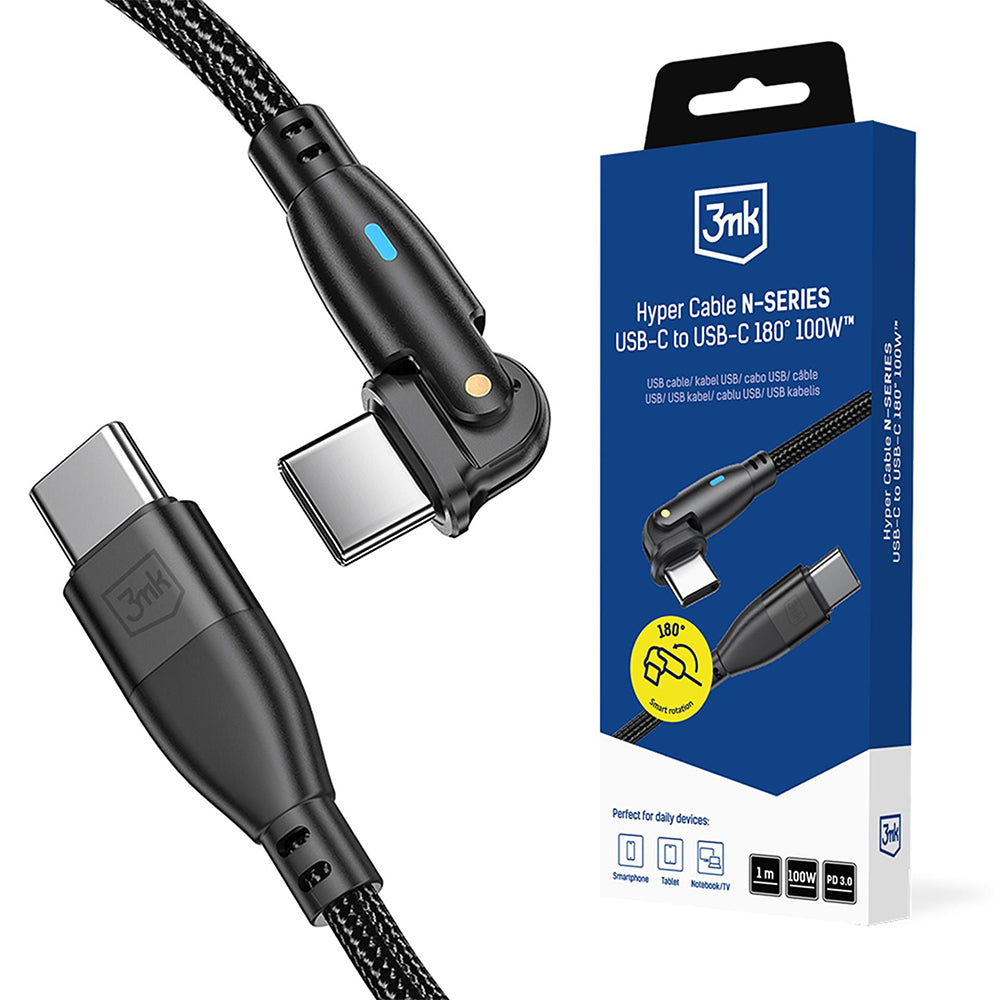 Câble de données et de charge USB-C - USB-C 3MK Hyper N Angled, 100W, 1m, Noir