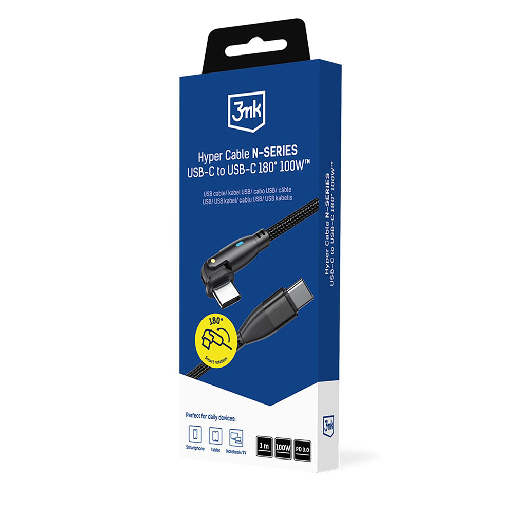 Câble de données et de charge USB-C - USB-C 3MK Hyper N Angled, 100W, 1m, Noir