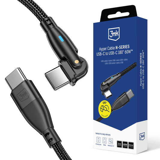Câble de Données et de Charge USB-C - USB-C 3MK Hyper N Angled, 60W, 2m, Noir