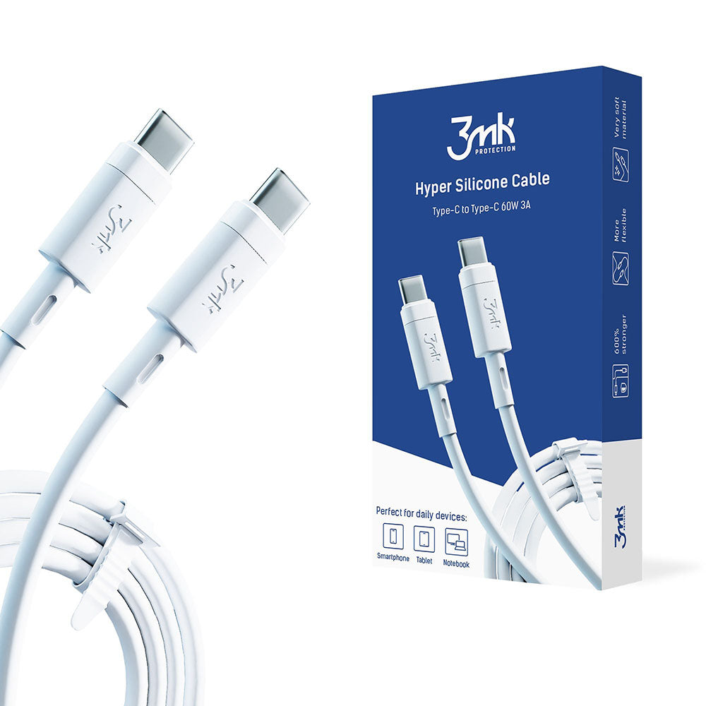 Câble de données et de charge USB-C - USB-C 3MK Hyper Silicone, 60W, 1m, Blanc