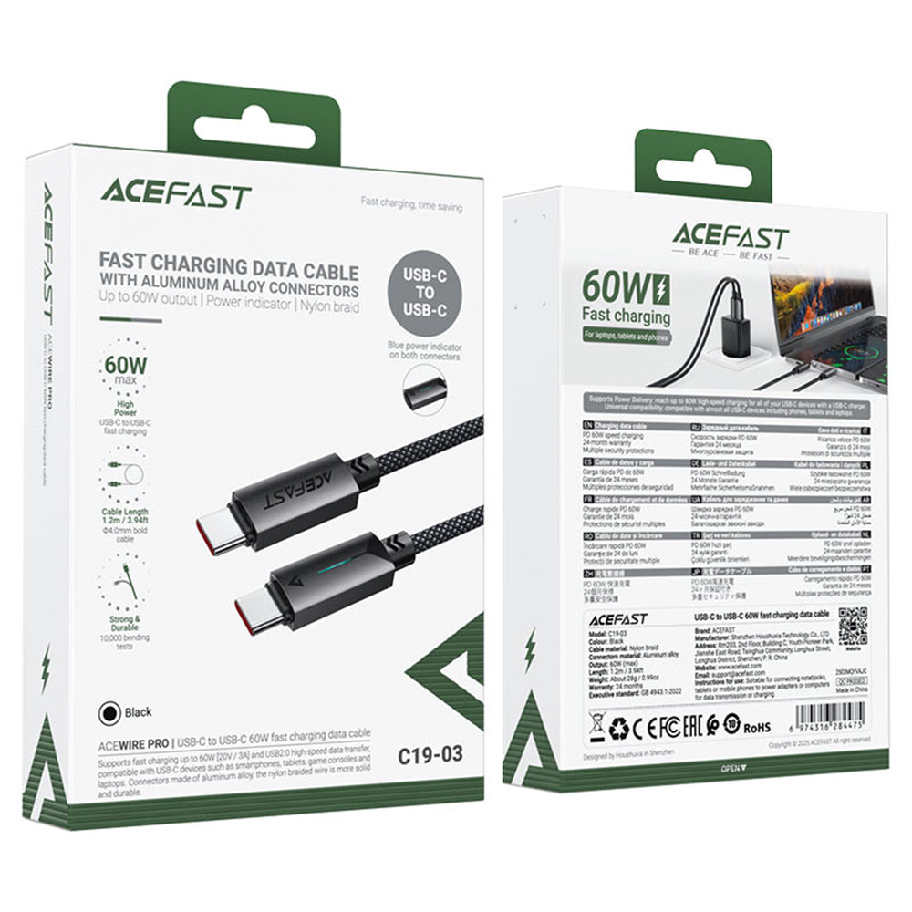 Câble de données et de charge USB-C - USB-C Acefast C19-03, 60W, 1.2m, Noir
