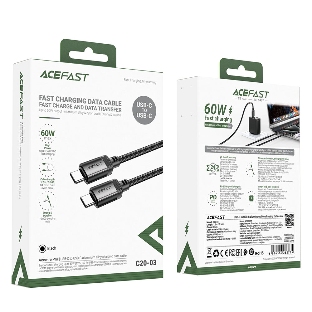 Câble de données et de charge USB-C - USB-C Acefast C20-03, 60W, 1.2m, Noir