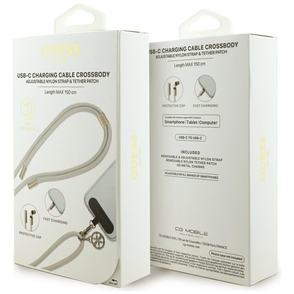 Câble de Données et de Charge USB-C - USB-C Guess CBDY 4G Charm, 100W, 1.5m, Beige