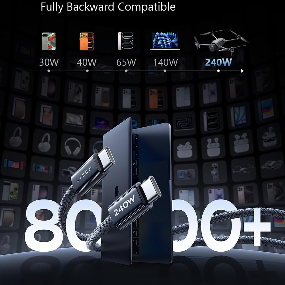 Câble de Données et de Charge USB-C - USB-C Lisen, 240W, 2m, Set 2 pièces, Bleu Marine YL0123070023