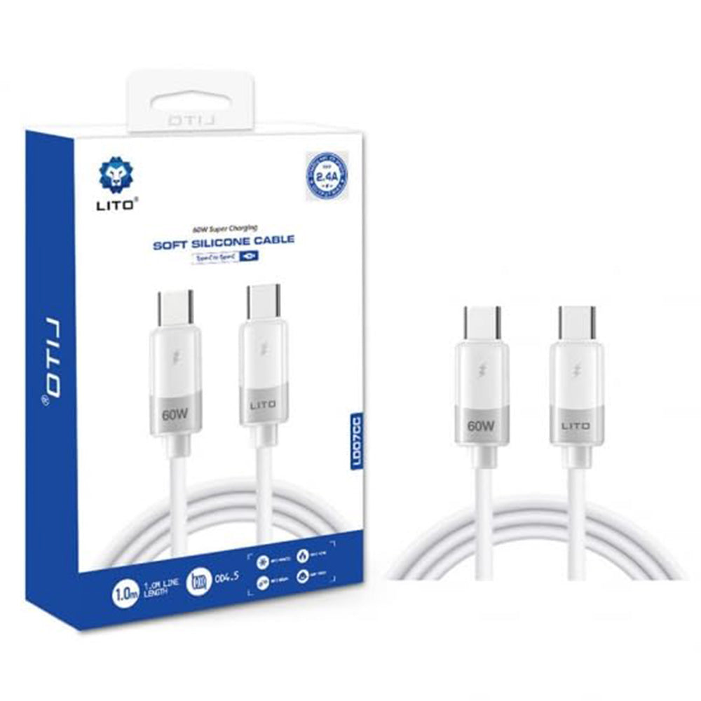 Câble de Données et de Charge USB-C - USB-C Lito LD07, 60W, 1m, Blanc