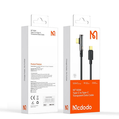 Câble de Données et de Charge USB-C - USB-C McDodo CA-3400 Angled, 100W, 1.2m, Noir