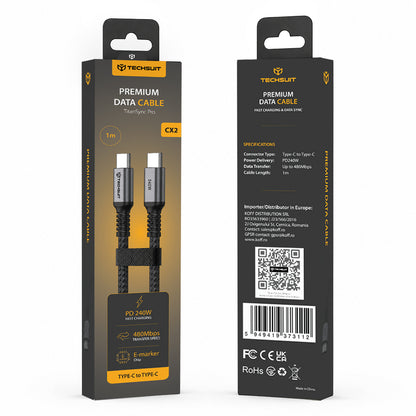 Câble de données et de charge USB-C - USB-C Techsuit TitanSync Pro CX2, 240W, 1m, Gris
