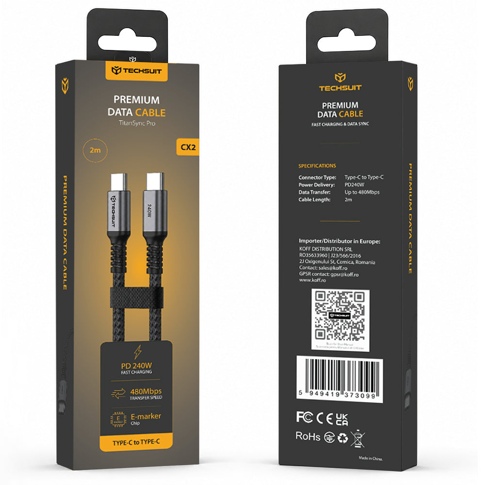 Câble de données et de charge USB-C - USB-C Techsuit TitanSync Pro CX2, 240W, 2m, Gris