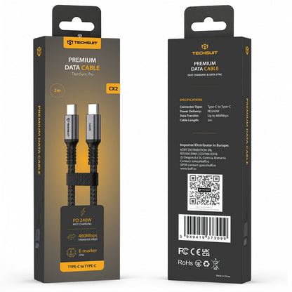 Câble de données et de charge USB-C - USB-C Techsuit TitanSync Pro CX2, 240W, 2m, Gris