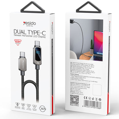 Câble de données et de charge USB-C - USB-C Yesido CA179 Display, 100W, 1.2m, Noir