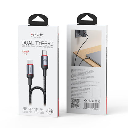 Câble de données et de charge USB-C - USB-C Yesido CA185, 240W, 1.2m, Noir