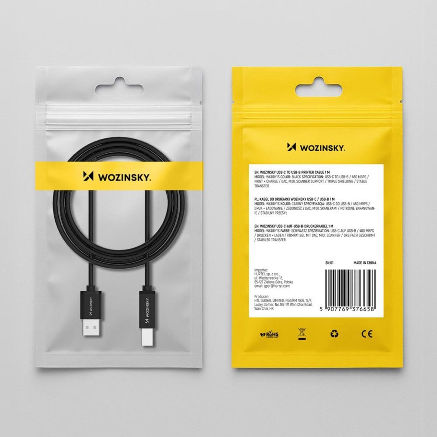 Câble d'imprimante WZK WKDDY3S, USB-A - USB-B, 2m, Noir