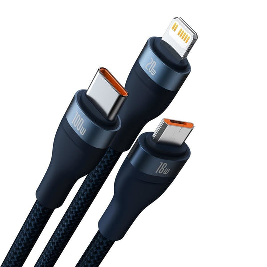 Câble de charge USB-C / USB-A - Lightning / microUSB / USB-C Baseus Flash Series II, 100W, 1,2m, Bleu marine CASS030103
