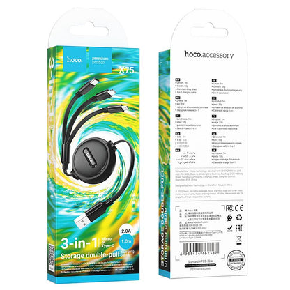 Câble de charge USB-A - Lightning / microUSB / USB-C HOCO X75 3en1, 18W, 1m, Noir