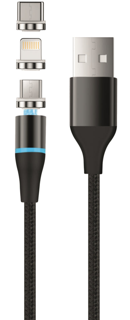 Câble de Chargement USB-A - Lightning / microUSB / USB-C Setty Magnetic DT 3in1, 12.5W, 1m, Noir
