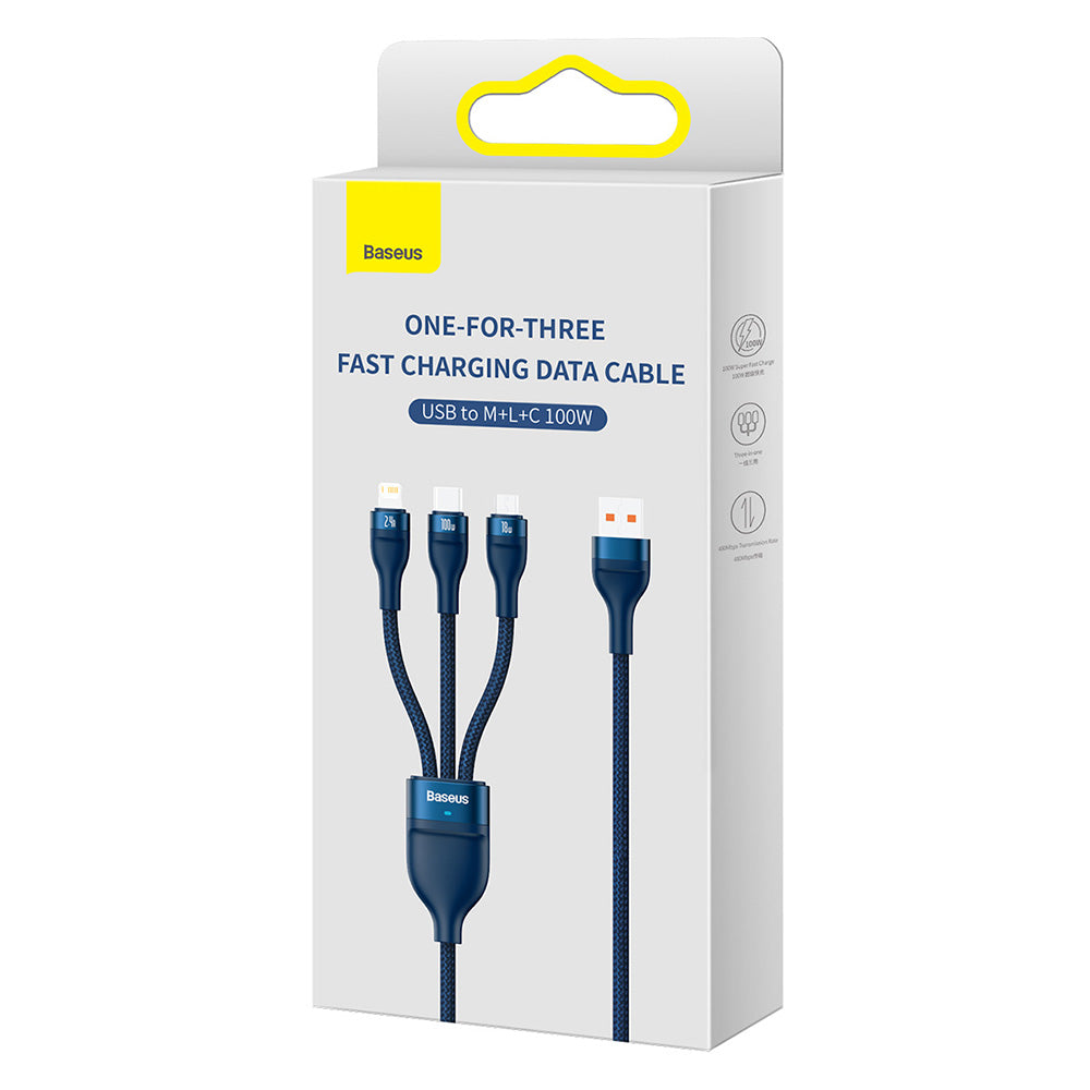 Câble de Chargement USB-A - Lightning / microUSB / USB-C Baseus Flash Series II 3en1, 100W, 1.2m, Bleu CASS030003