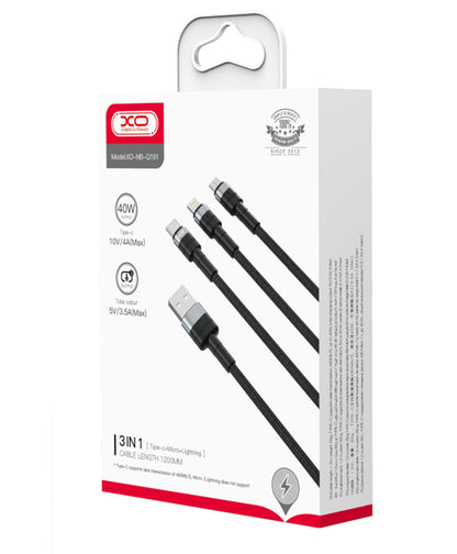 Câble de Chargement USB-A - Lightning / microUSB / USB-C XO Design NB-Q191 3en1, 66W, 1.2m, Noir
