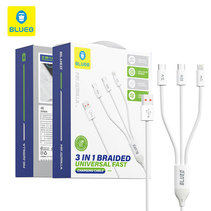 USB-A to Lightning / 2 x USB-C Blueo Charging Cable, 75W, 1.2m, White