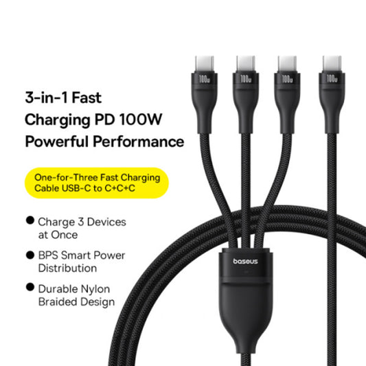 Câble de Chargement USB-C - 3 x USB-C Baseus Flash Series III 3en1, 100W, 1.5m, Noir P10377503111-00