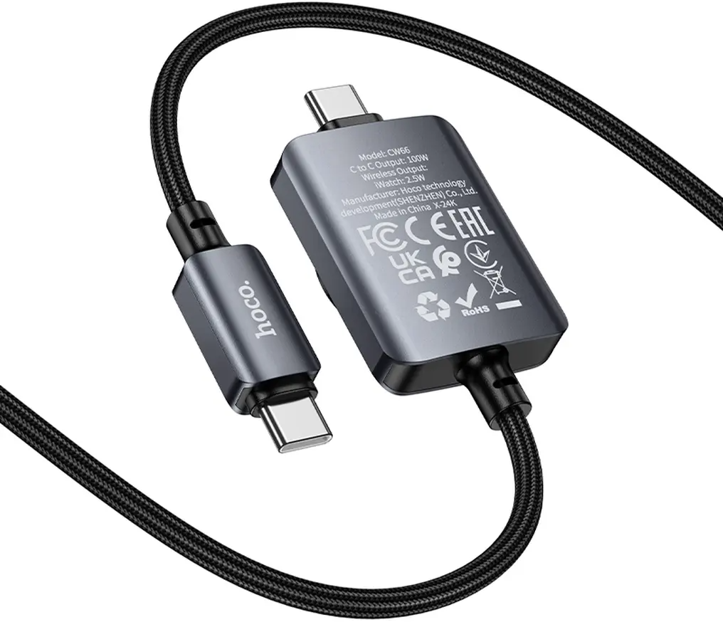 Câble de charge USB-C - USB-C HOCO CW66 2en1, 100W, 1,2m, Noir