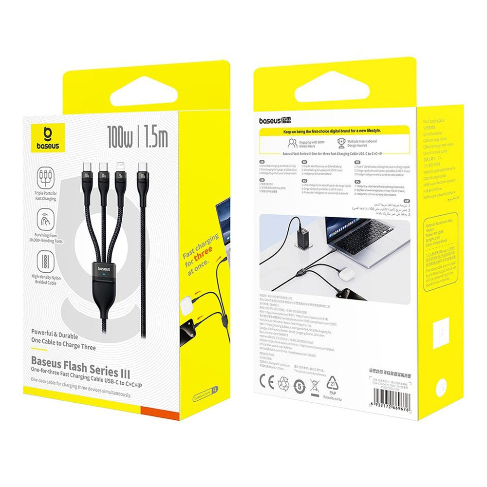 Câble de Chargement USB-C - Lightning / 2 x USB-C Baseus Flash Series III 3in1, 100W, 1.5m, Noir P10377502111-00