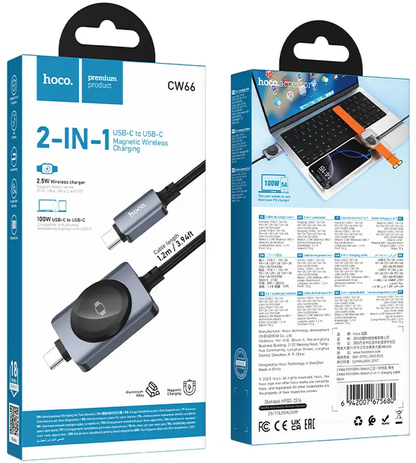 Câble de charge USB-C - USB-C HOCO CW66 2en1, 100W, 1,2m, Noir